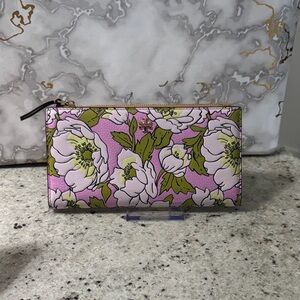 Tory Burch Pink Floral Zip Around Wallet with Olive Leaves
